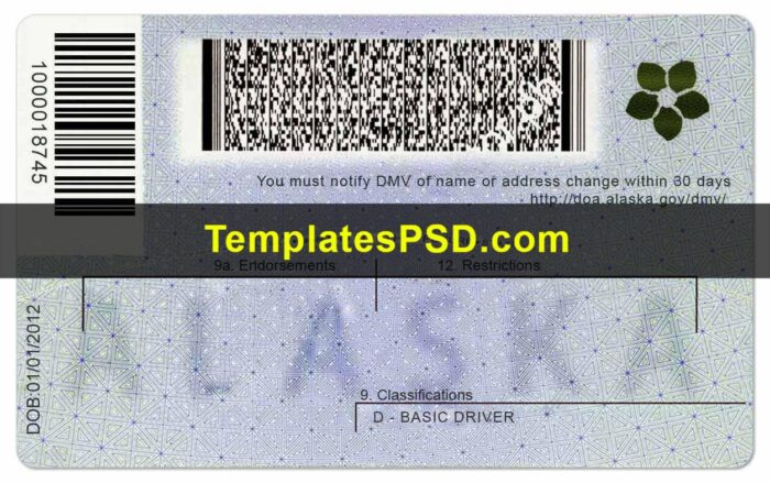 Alaska Drivers License Template PSD Back