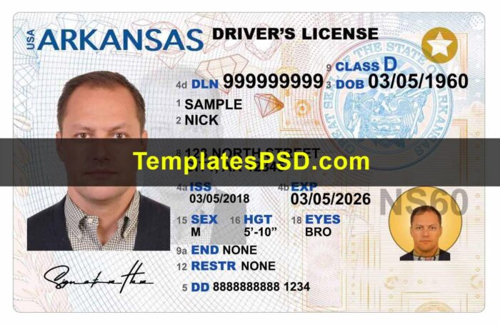 Arkansas drivers license front psd Arkansas Drivers License Front New Template PSD