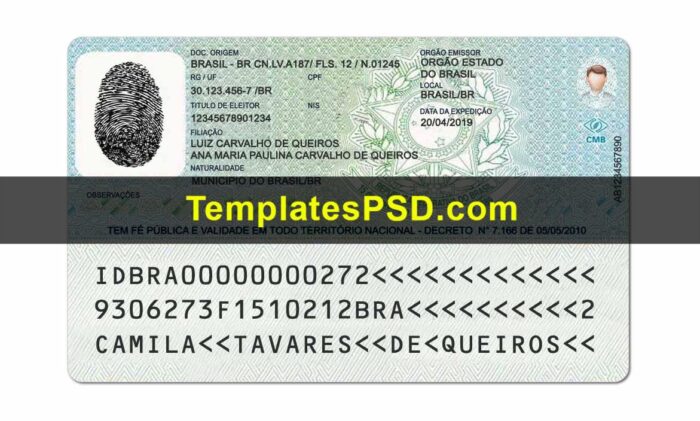 Brazil ID Card Template PSD Back