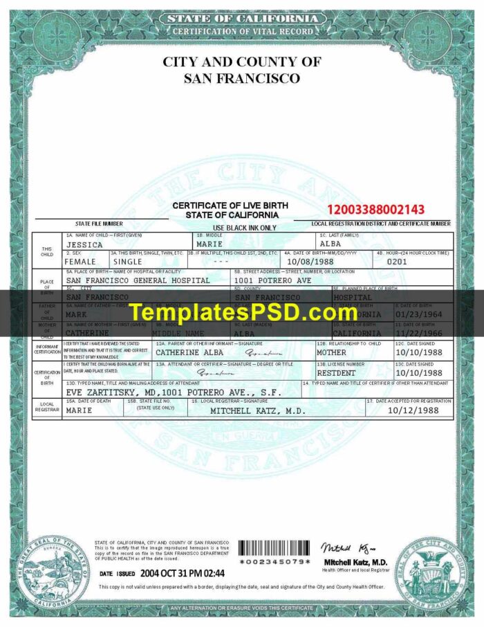 California Birth Certificate Template PSD