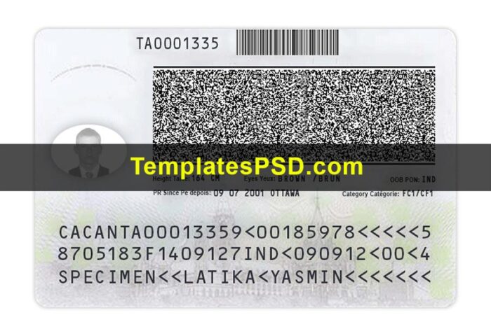 Canada Permanent Residence Card Template Back