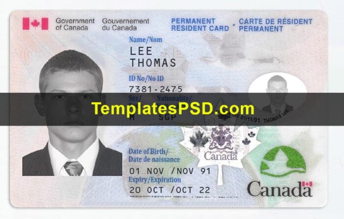 Canada Permanent Residence Card Template Front Canada Permanent Residence Card Template PSD Front