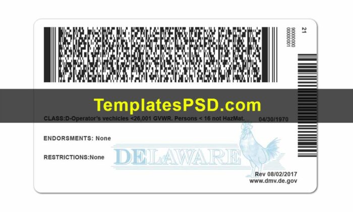 Delaware Drivers License template PSD Back