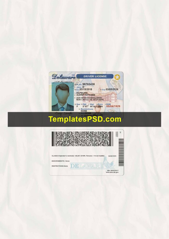 Delaware DL scan Delaware Drivers License template PSD Scan