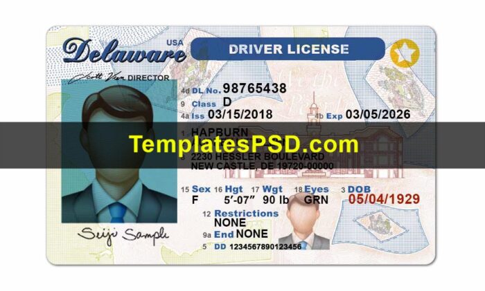 Delaware DL template Front Delaware Drivers License template PSD Front