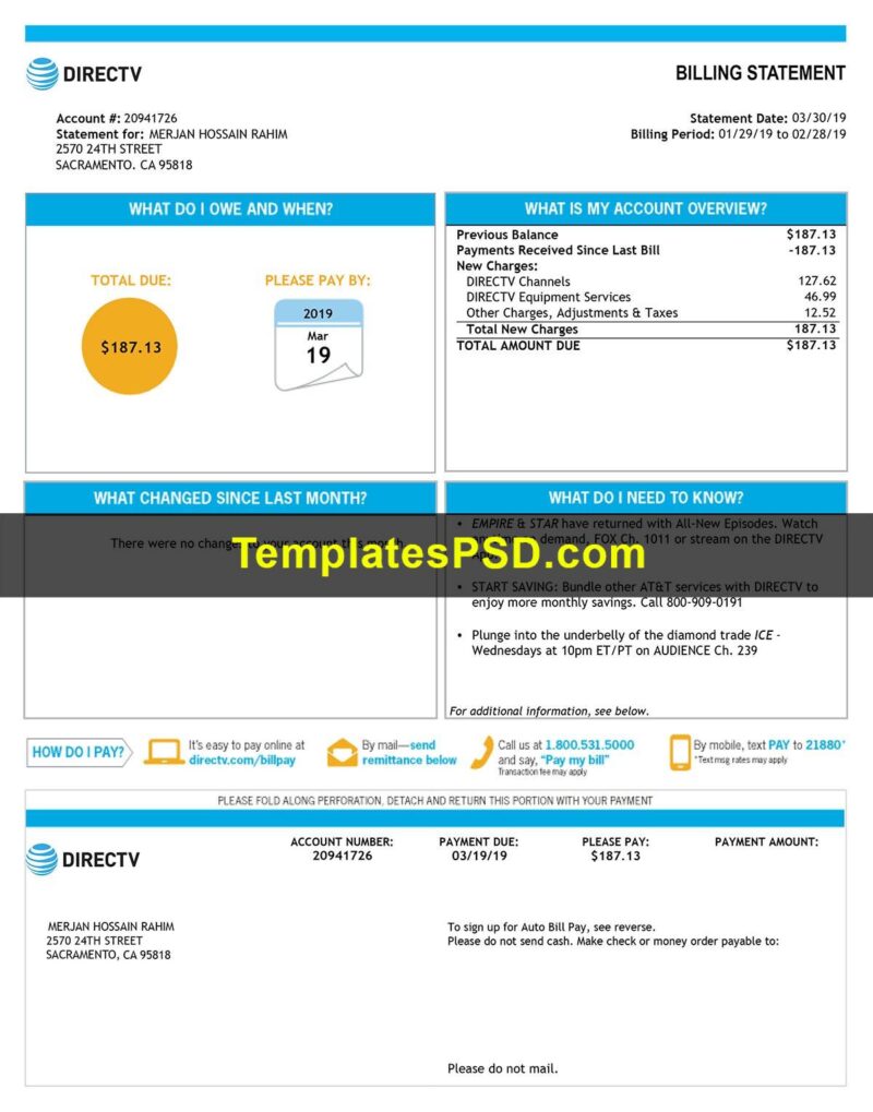 DirecTV Utility Bill Template PSD California USA