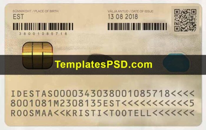 Estonia ID Card Template PSD Back