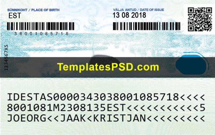Estonian ID Card Template PSD Back