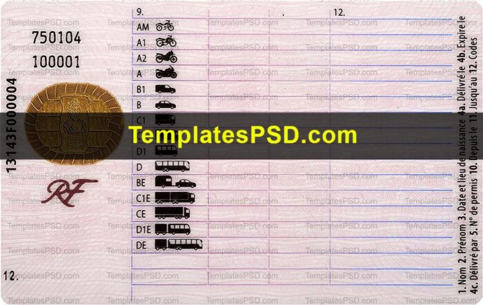 France Driving License Template PSD Back