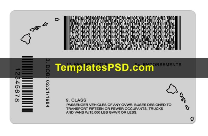 Hawaii drivers license template psd back