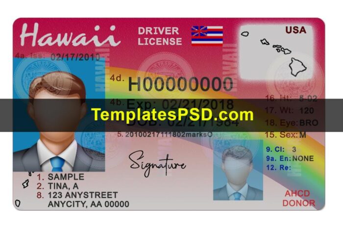 Hawaii dl front Hawaii drivers license template psd front
