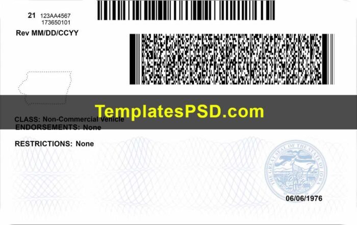IOWA Driver License Template Back