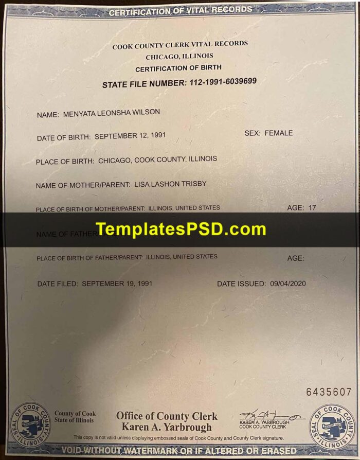 Illinois Birth certificate Template PSD Illinois Birth certificate Template PSD