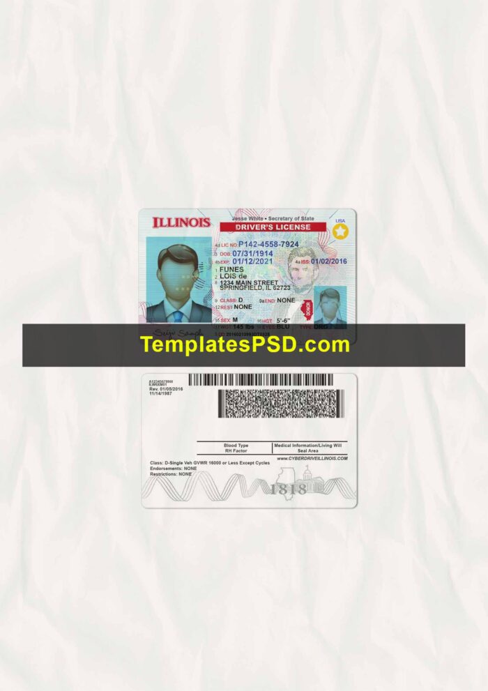 Illinois Drivers License Template PSD Scan
