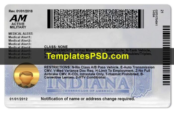 Indiana Drivers License Template Back