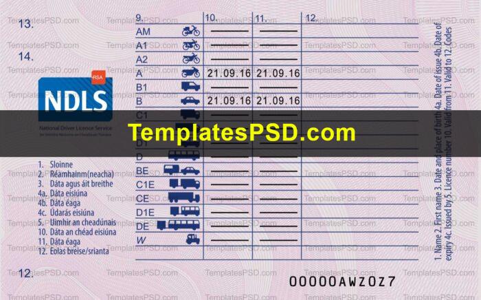 Ireland Driving License Template PSD Back