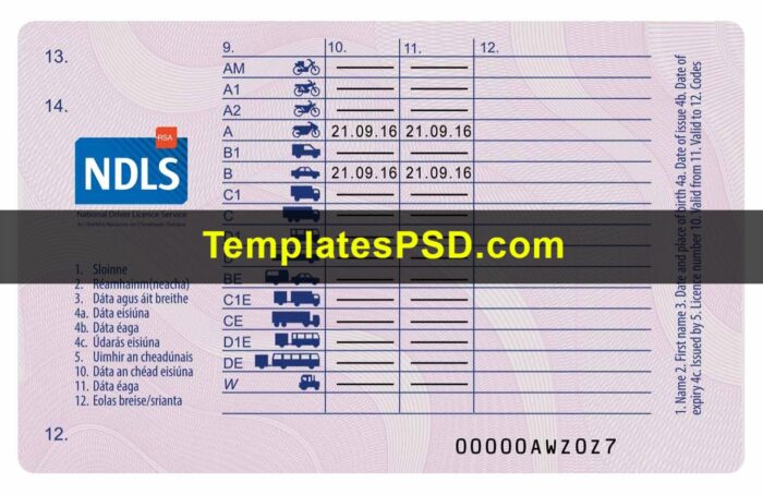 Ireland ID Card Template PSD Back