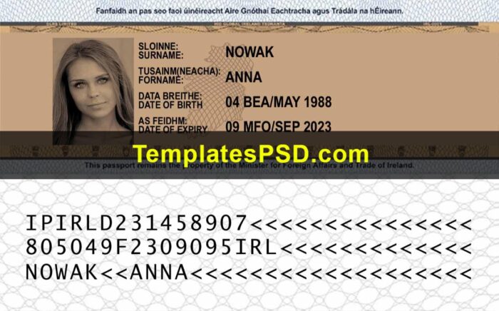 Ireland Passport Card template PSD Back