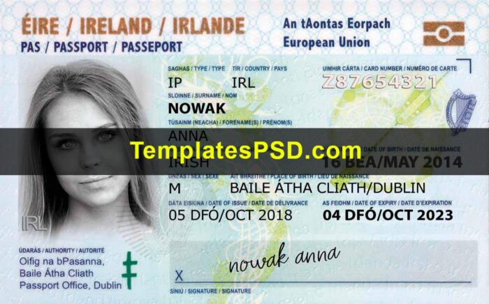 Ireland Passport Card Front Ireland Passport Card template PSD Front