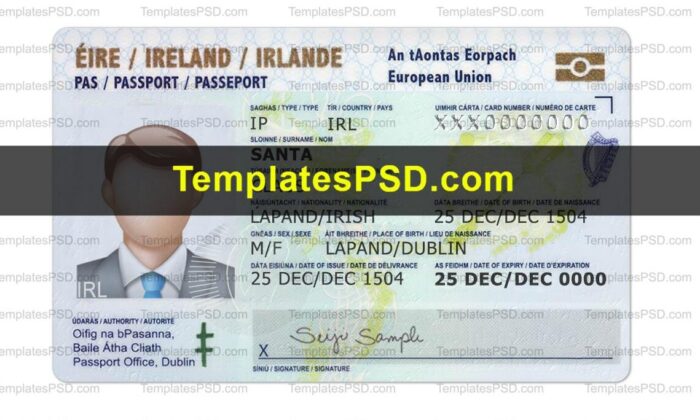 Ireland Passport Card Template PSD Front Ireland Passport Card Template PSD Front