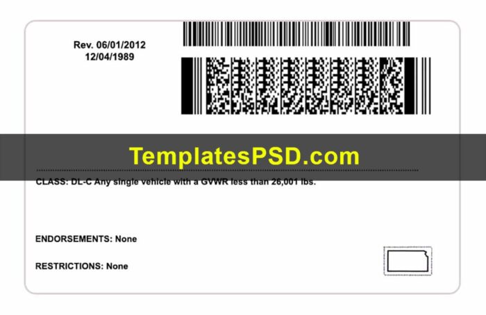 Kansas Driver License Template Back