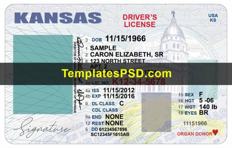 Kansas Driver License Template Front