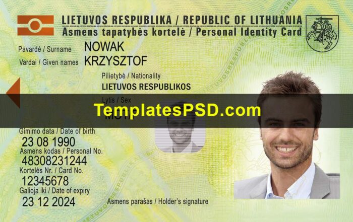 Lithuanian ID card Front Lithuanian ID card template Front