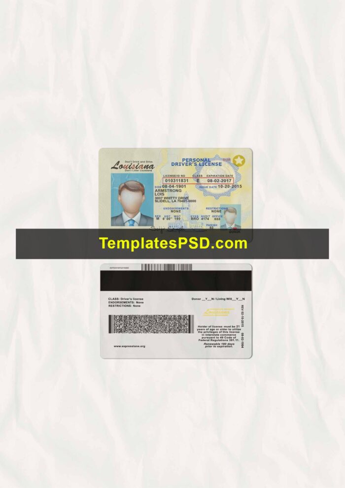 Louisiana dl scan Louisiana Drivers License Template PSD Scan