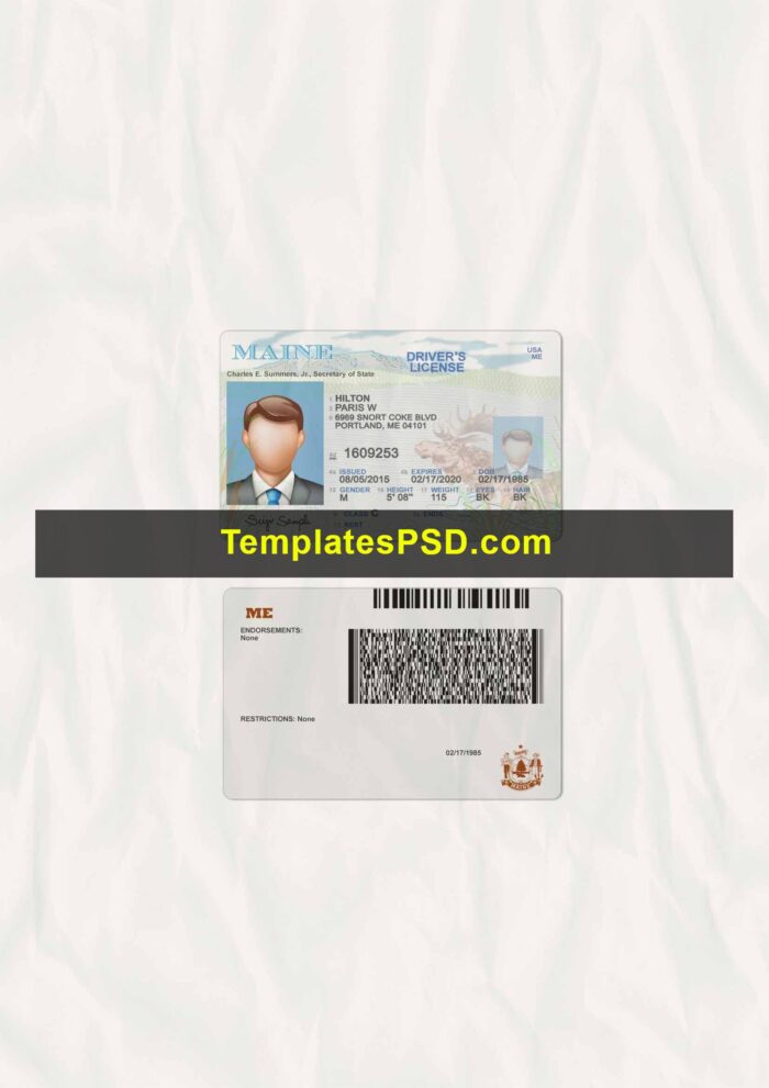 Maine drivers license template psd scan