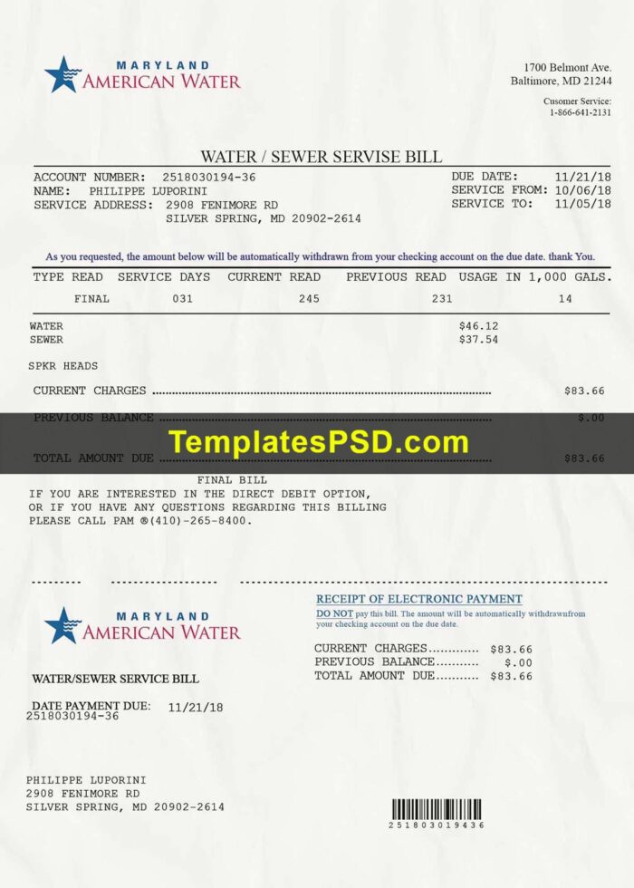 Maryland American Water Utility Bill Template PSD Scan