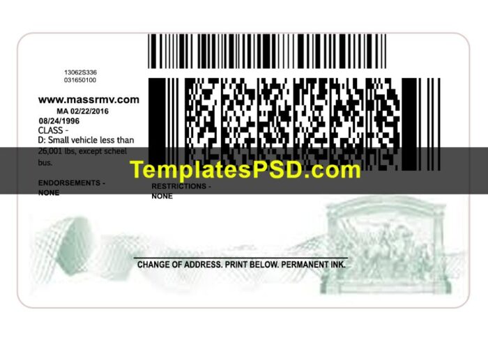 Massachusetts Drivers License Back New PSD template