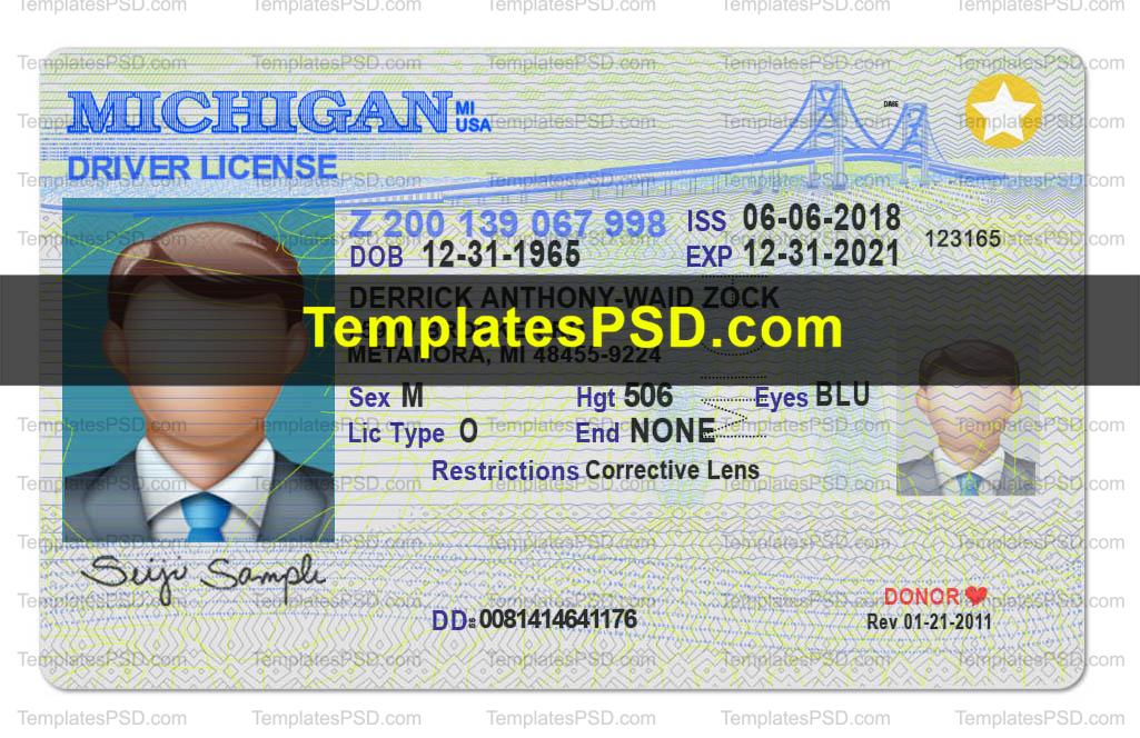 Michigan driving license template psd front