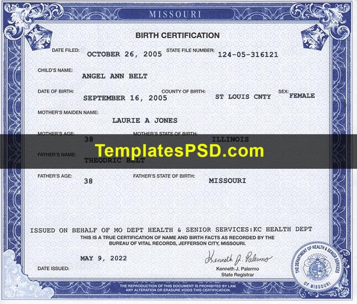 Missouri Birth Certificate template PSD Missouri Birth Certificate template PSD
