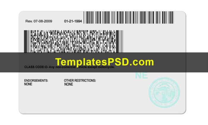 Nebraska Drivers License Template PSD Back