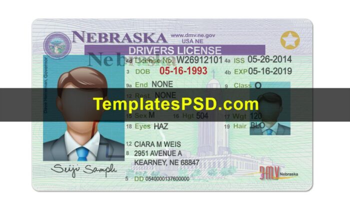 Nebraska Drivers License Template PSD Front
