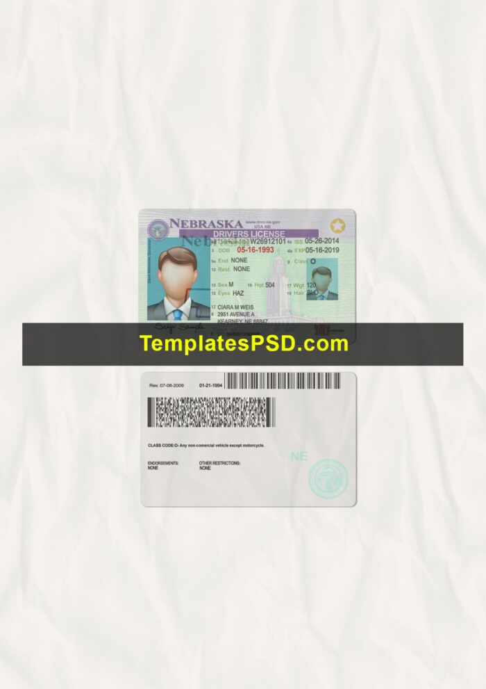 Nebraska Drivers License Template PSD Scan