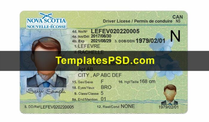 Nova Scotia Drivers License Template PSD Front Nova Scotia Drivers License Template PSD Front