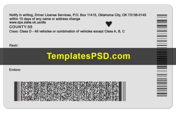 Oklahoma Drivers License Template PSD Back
