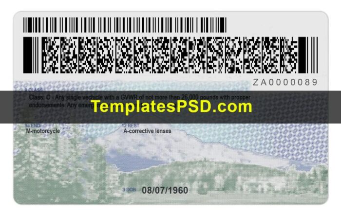 Oregon Driver License Template Back