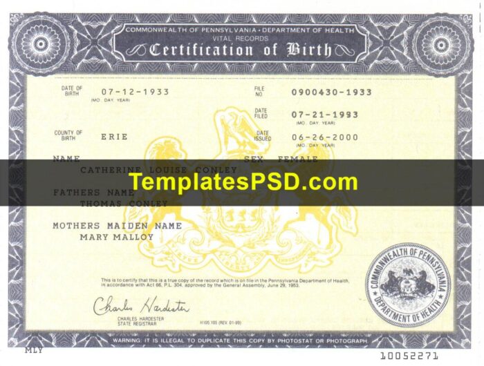 Pennsylvania Birth Certificate template PSD Pennsylvania Birth Certificate Template PSD