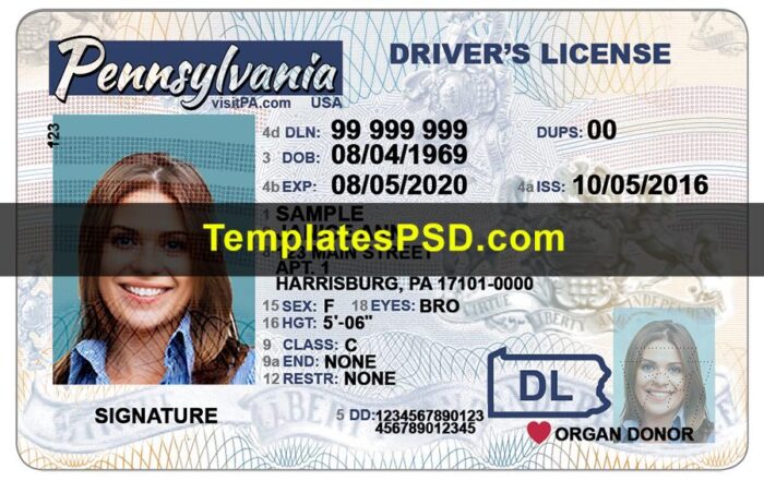 Pennsylvania Driver License Template PSD Pennsylvania Driver License Template PSD