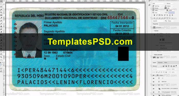 Peru ID Card Photoshop Template PSD Peru National Identity Card Template Front