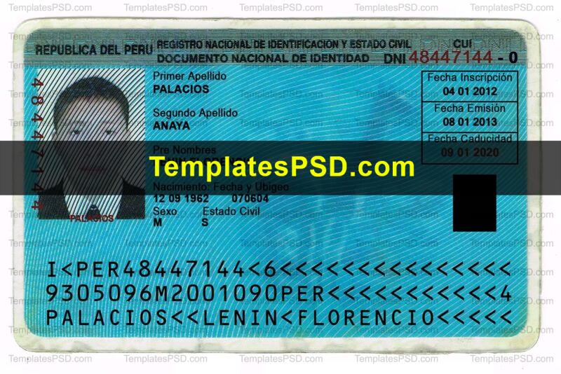 Peru National Identity Card Template Back