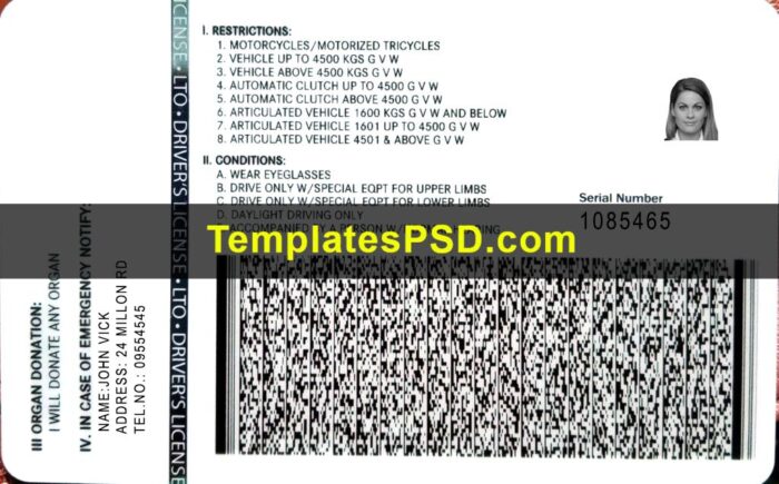 Philippines Drivers License PSD Template Back