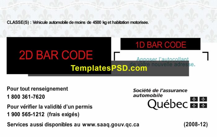 Quebec Canada Drivers License Template PSD Back