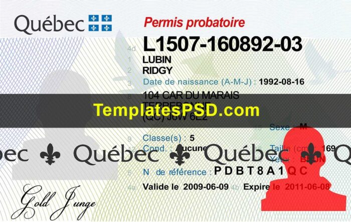 Quebec Canada Driver License Template Front Quebec Canada Drivers License Template PSD Front