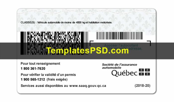 Quebec Canada Drivers License Template PSD Back