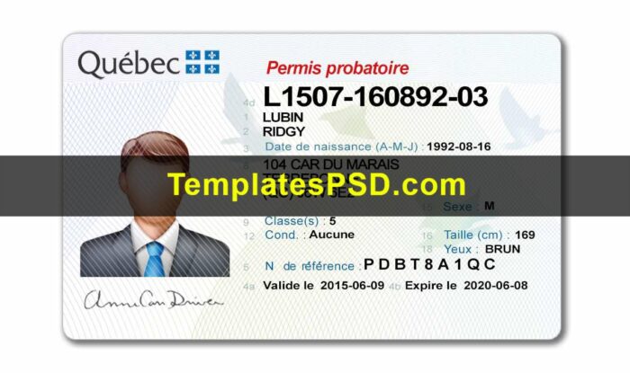 Quebec DL Front Quebec Canada Drivers License Template PSD Front