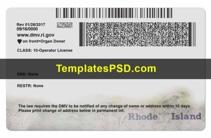 Rhode Island Driver License back