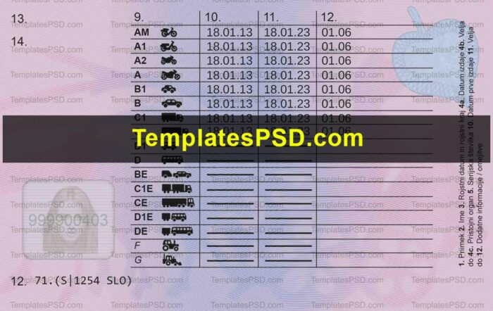 Slovenia Driving License Back Slovenia Driving License Back